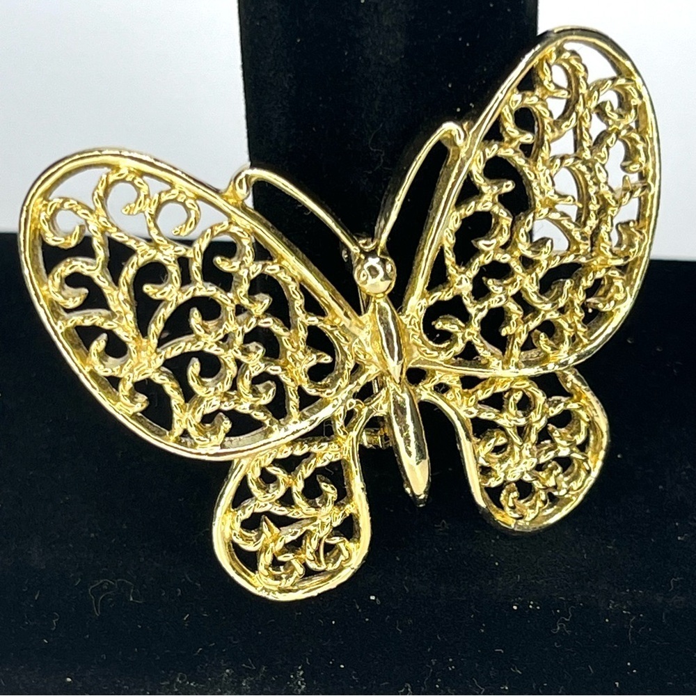 Gold Filigree Butterfly Brooch by CERRITO – Vintage Openwork Statement Pin